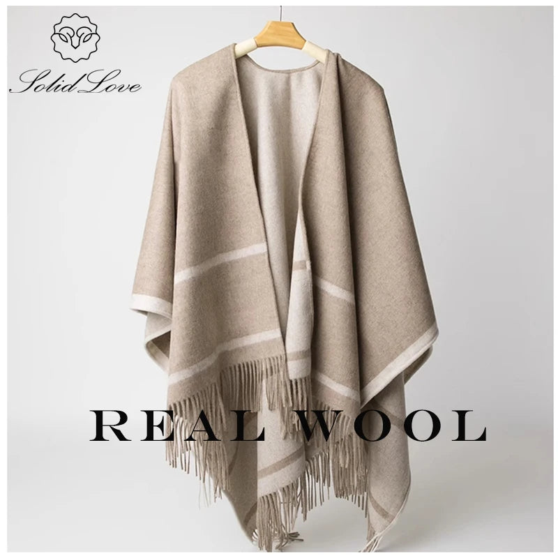 Fashion Clock Women Shawl Sweater 100% Wool Shawl Warm Female Mixed-use Cloak Autumn Winter Scarf French Tassel Cozy Wrap Clothi