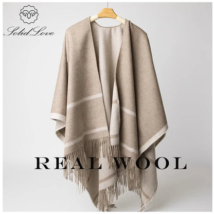 Fashion Clock Women Shawl Sweater 100% Wool Shawl Warm Female Mixed-use Cloak Autumn Winter Scarf French Tassel Cozy Wrap Clothi
