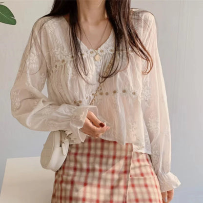 Women Fashion V-neck White Women Blouse Spring Flower Loose Hollow Shirt Korean Elegant Sweet Long Sleeve Short Tops Blusas