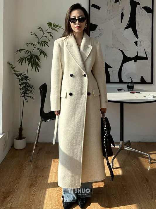 2025 New Women Elegant White Long Below The Knee Woolen Coat Winter Female High Sense Fashion Double-breasted Thicken Outwear