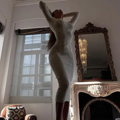 Women Knitted Dress Elegant Fashion White Turtleneck Bodycon Midi Dresses Female Autumn Winter Long Sleeve Slim Streetwear Dress