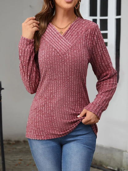 Woman Clothes V Neck Ribbed Knit Sweater Long Sleeve Loose Fit Casual Pullover Tops with Multiple Colors
