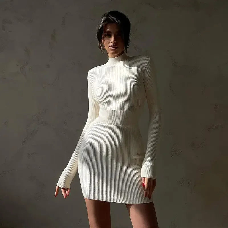 Women Knitted Dress Elegant Fashion White Turtleneck Bodycon Midi Dresses Female Autumn Winter Long Sleeve Slim Streetwear Dress