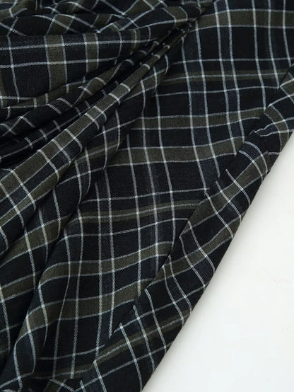 HH Woman Elegant V-Neck Plaid Pleated Decoration Long Sleeves Midi Dress Female Fashion High-Waist Asymmetric Hem Slim Dress