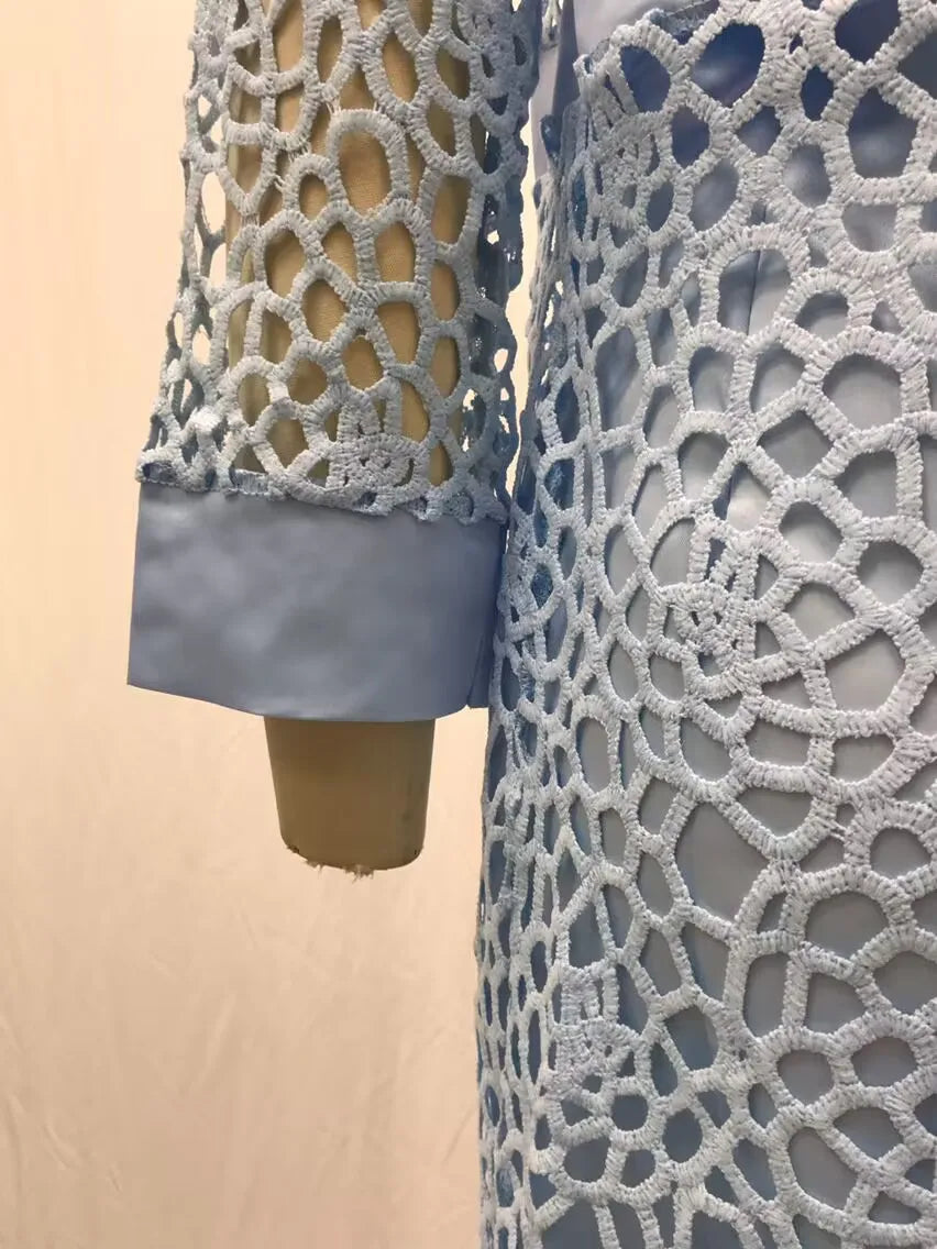 Wein Lace Cardigan Dress with Two Coats Lady Female Woman Skirt Dresses Coat Set Suit Hollow Out Cotton and Linen Formal Office