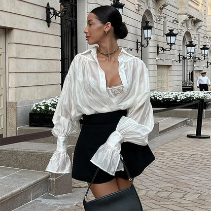 Women's Clothing 2025 Autumn New Sweet Fresh Loose Lapel Lantern Sleeve Long Sleeve Shirt Ladies Tops