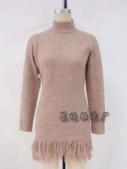 Knitted Dresses 2025 Woman High Neck Vestidos Tassel Sweater Pulls Femmes Keep Warm Homewear Solid Color Temperament Commuting