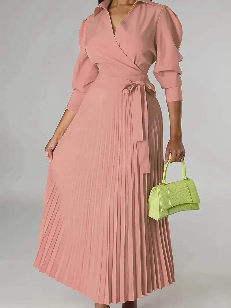 Woman's Elegance Evening Party Pleated Dress Spring Fashion V-neck Long Sleeves High Waist Lace-up Robe Autumn Ladies Vestidos