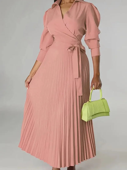 Woman's Elegance Evening Party Pleated Dress Spring Fashion V-neck Long Sleeves High Waist Lace-up Robe Autumn Ladies Vestidos