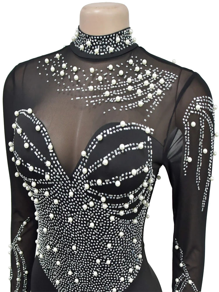 Beyprern Women's Sheer Mesh Crystal Jumpsuits One Piece Outfits Glam Fitted Long Sleeve Pearls Rhinestone Rompers Club Overalls