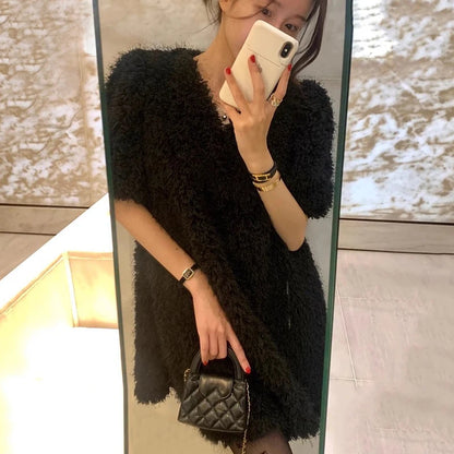 Clothland Women Elegant White Black Fur Dress V Neck Short Sleeve A Line Party Event Club Mini Dresses Vestido QD305