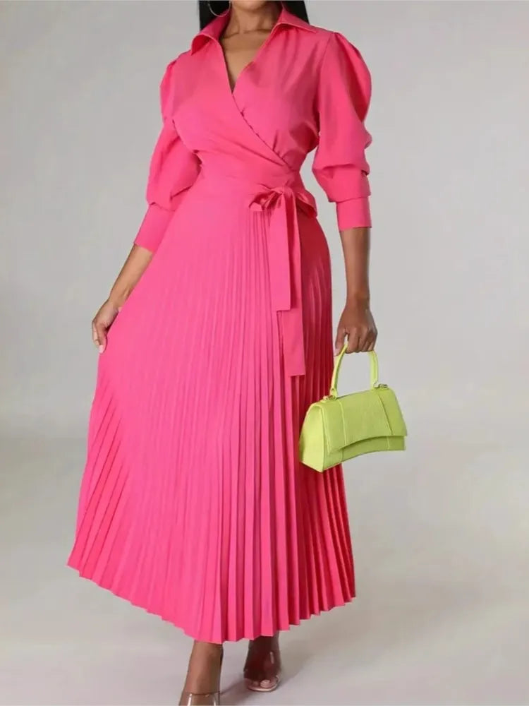 Woman's Elegance Evening Party Pleated Dress Spring Fashion V-neck Long Sleeves High Waist Lace-up Robe Autumn Ladies Vestidos