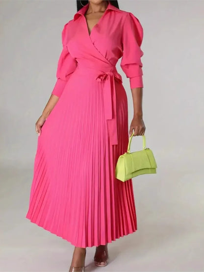 Woman's Elegance Evening Party Pleated Dress Spring Fashion V-neck Long Sleeves High Waist Lace-up Robe Autumn Ladies Vestidos