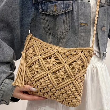 1pc Boho Chic Handwoven Shoulder Bag for Women,Handwoven Cotton with Zipper & Tassel Details,Beach Bag,for Travel,Casual Outings