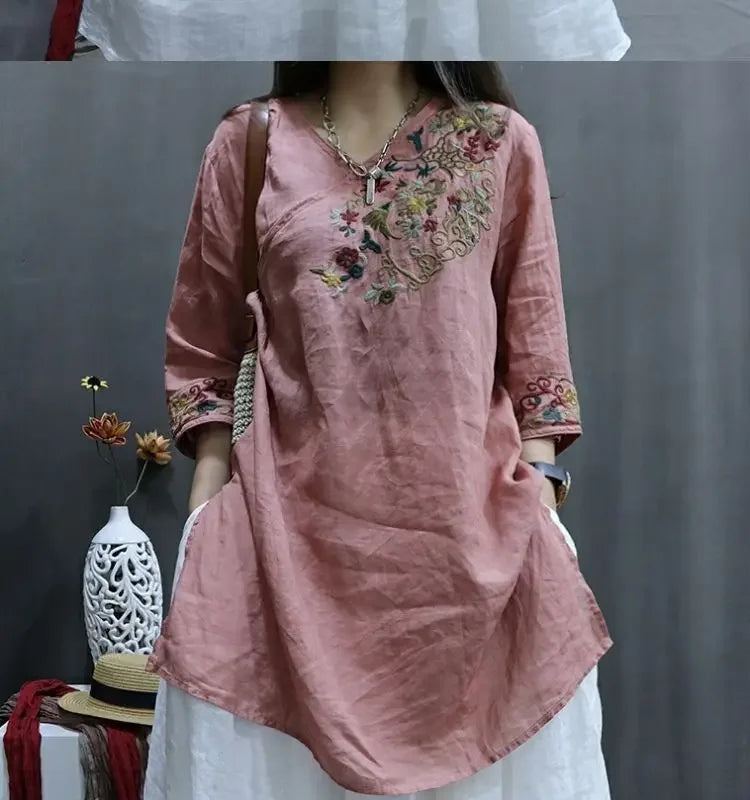 Cotton and Linen Women Clothing 2025 Summer New Print Retro Embroidery Loose Slim and Fashionable Shirt