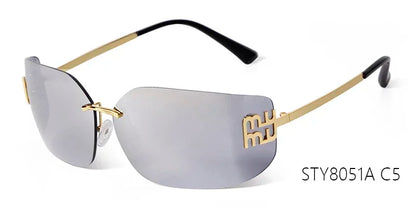 Luxury Metal Rimless Sunglasses Women Brand Design Rivets Letter Rectangle Curved Shades Funky Classic Sun Glasses Female