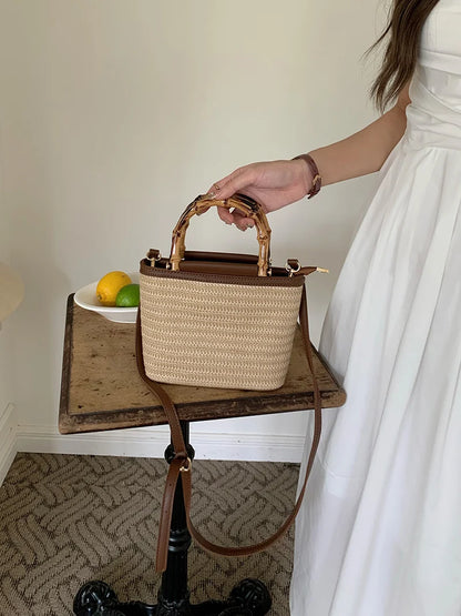 Simple Hand Knitted Women's Travel Handbags Fashion Wooden Handle Ladies Shoulder Bags Summer Straw Female Bucket Crossbody Bags