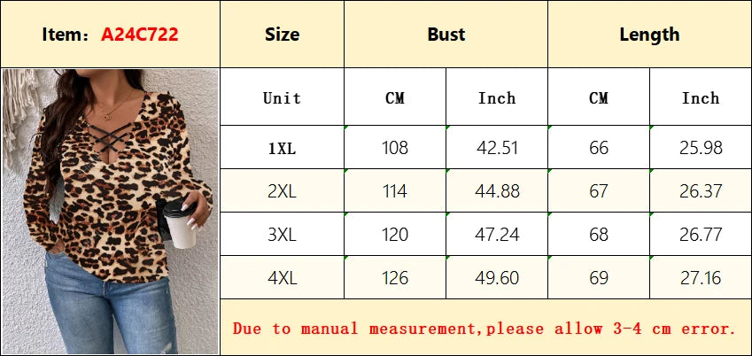 New Sexy Neckline Lace-Up Leopard Print T-Shirt Plus Size Slim Fit LongSleeve Top On Sale Clearance Versatile Bottoming Clothing