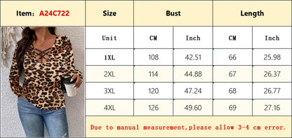 New Sexy Neckline Lace-Up Leopard Print T-Shirt Plus Size Slim Fit LongSleeve Top On Sale Clearance Versatile Bottoming Clothing