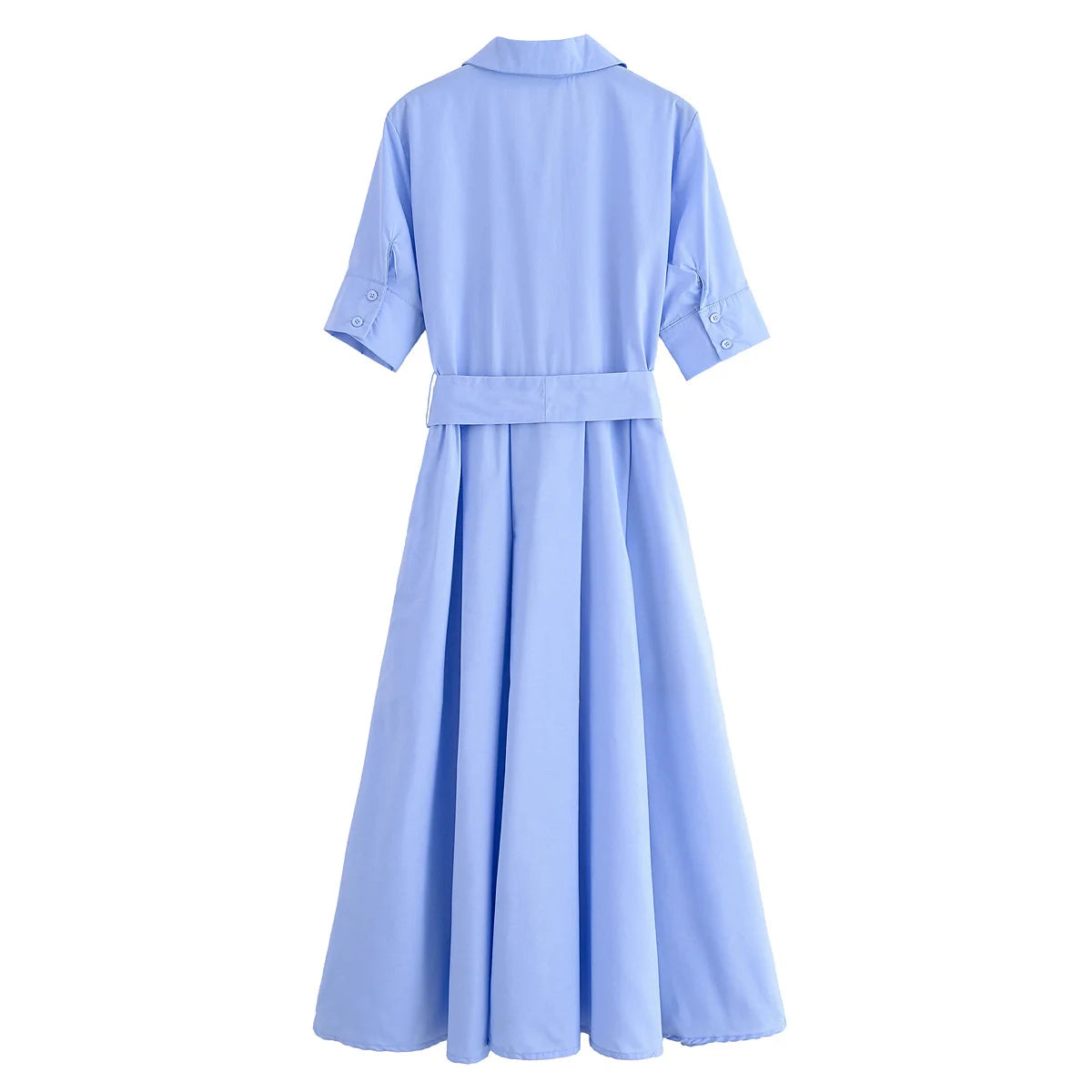 HH Woman Dresses Solid Turn-Down Collar Short Sleeve Pockets Bow Lace-Up Single-Breasted Female Fashion Long Dress 7 Color