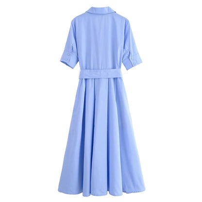 HH Woman Dresses Solid Turn-Down Collar Short Sleeve Pockets Bow Lace-Up Single-Breasted Female Fashion Long Dress 7 Color