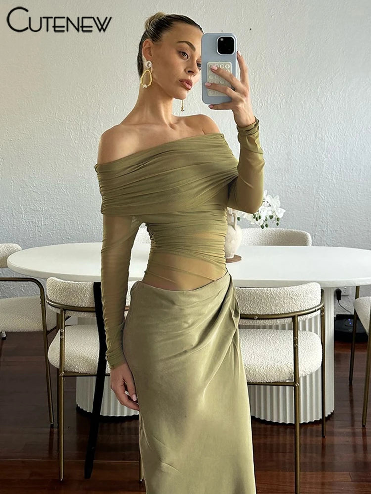 Cutenew Mesh Ruched Women Maxi Dress Sexy See Through Off Shoulder Long Sleeve Sheath Vestidos Female Midnight Party Solid Robe