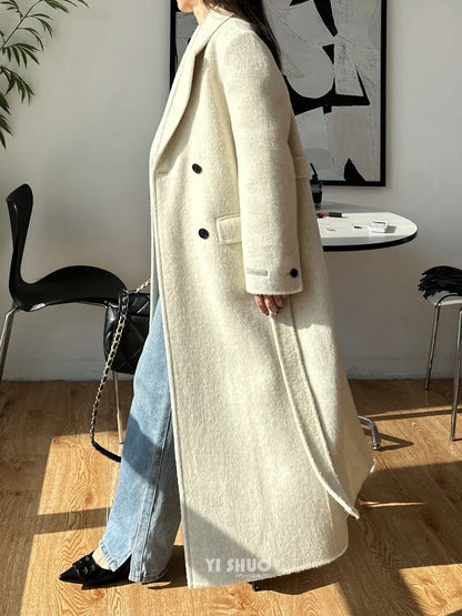 2025 New Women Elegant White Long Below The Knee Woolen Coat Winter Female High Sense Fashion Double-breasted Thicken Outwear