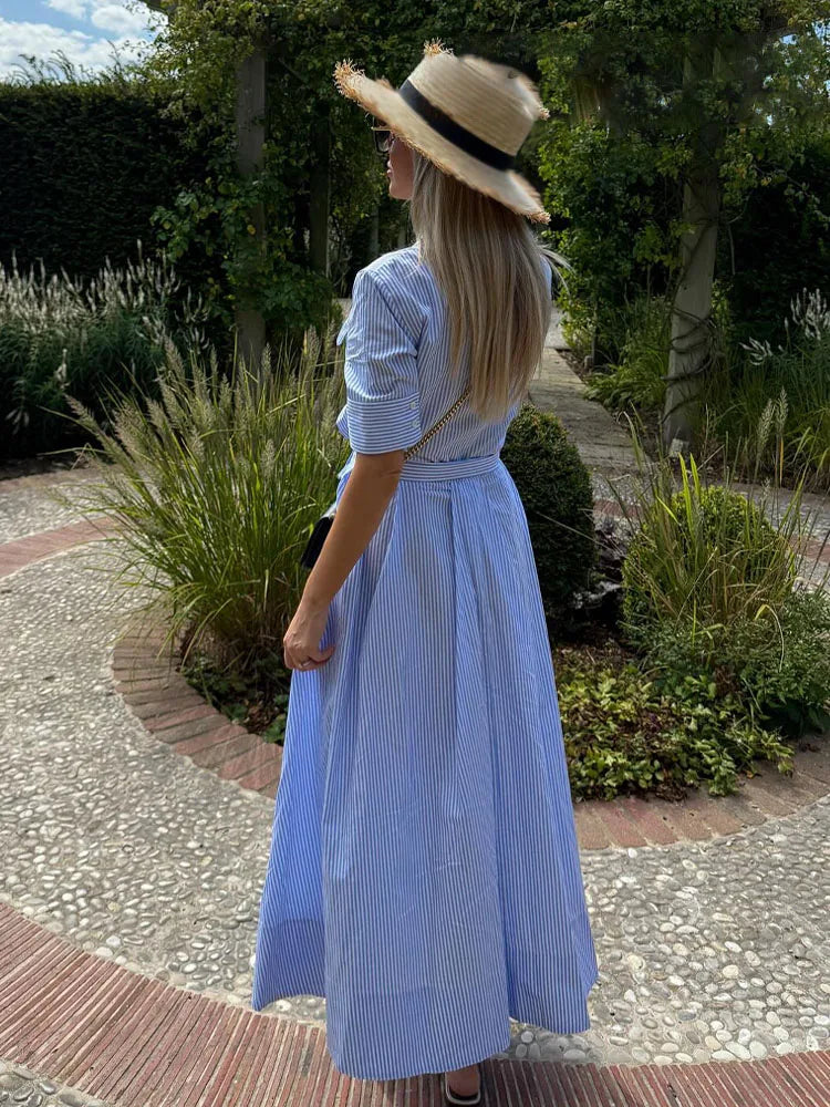 HH Woman Dresses Solid Turn-Down Collar Short Sleeve Pockets Bow Lace-Up Single-Breasted Female Fashion Long Dress 7 Color