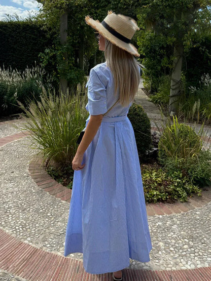 HH Woman Dresses Solid Turn-Down Collar Short Sleeve Pockets Bow Lace-Up Single-Breasted Female Fashion Long Dress 7 Color