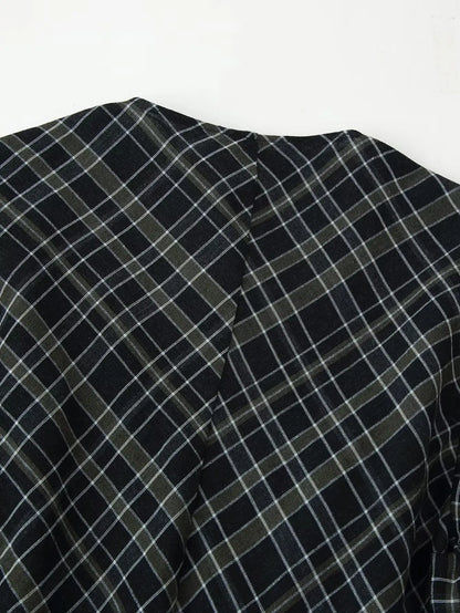 HH Woman Elegant V-Neck Plaid Pleated Decoration Long Sleeves Midi Dress Female Fashion High-Waist Asymmetric Hem Slim Dress