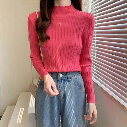 Woman Sweaters 2025 Autumn Winter Knitted Ribbed Turtleneck Sweater Women Clothes Long Sleeve Slim Basic Pullover Solid Tops