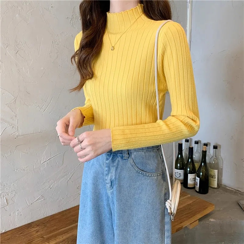 Woman Sweaters 2025 Autumn Winter Knitted Ribbed Turtleneck Sweater Women Clothes Long Sleeve Slim Basic Pullover Solid Tops