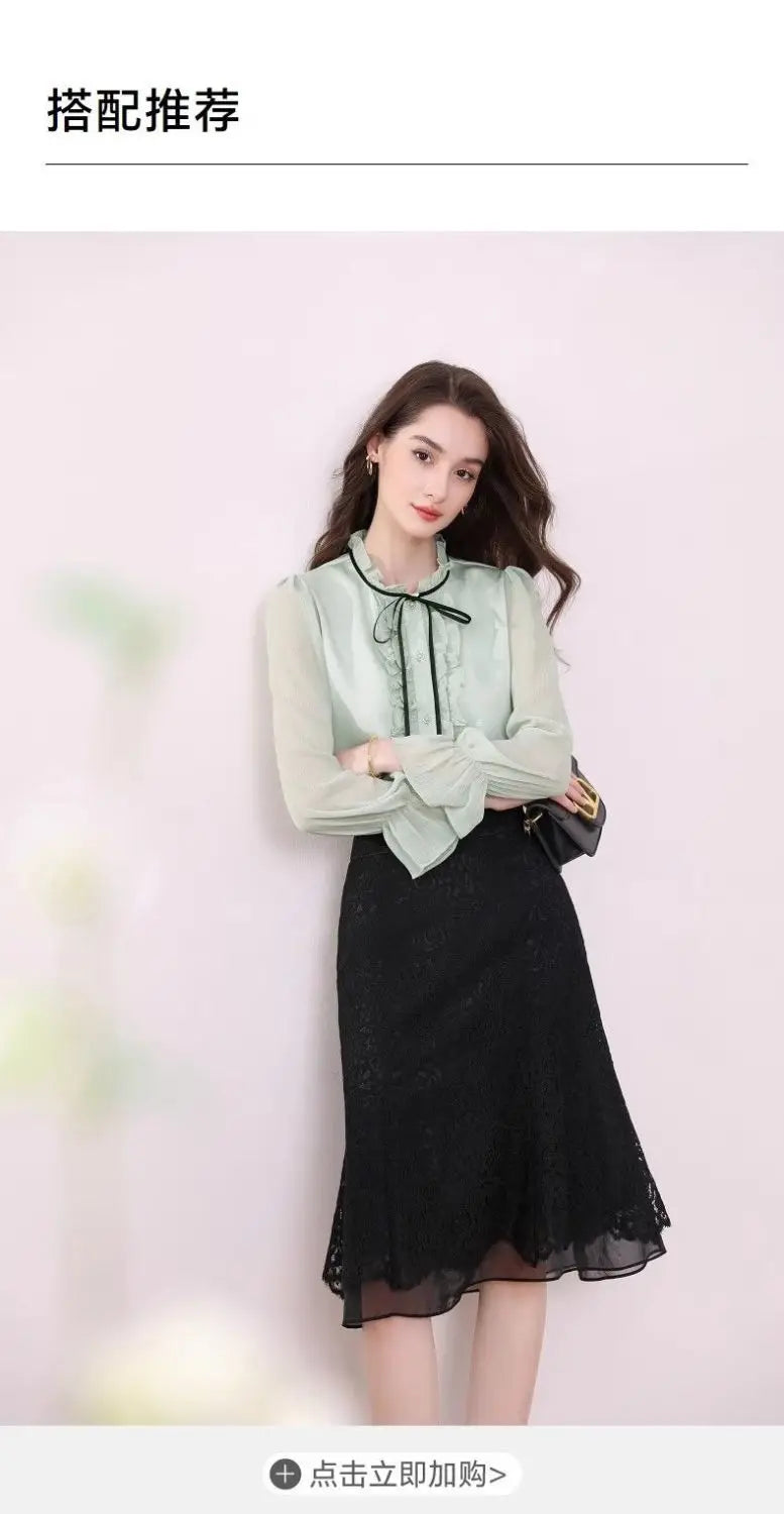 Women's Clothing Long-sleeved Chiffon Shirt Stand-up Collar French Tie High-end New Style Shirt Lace-up Top