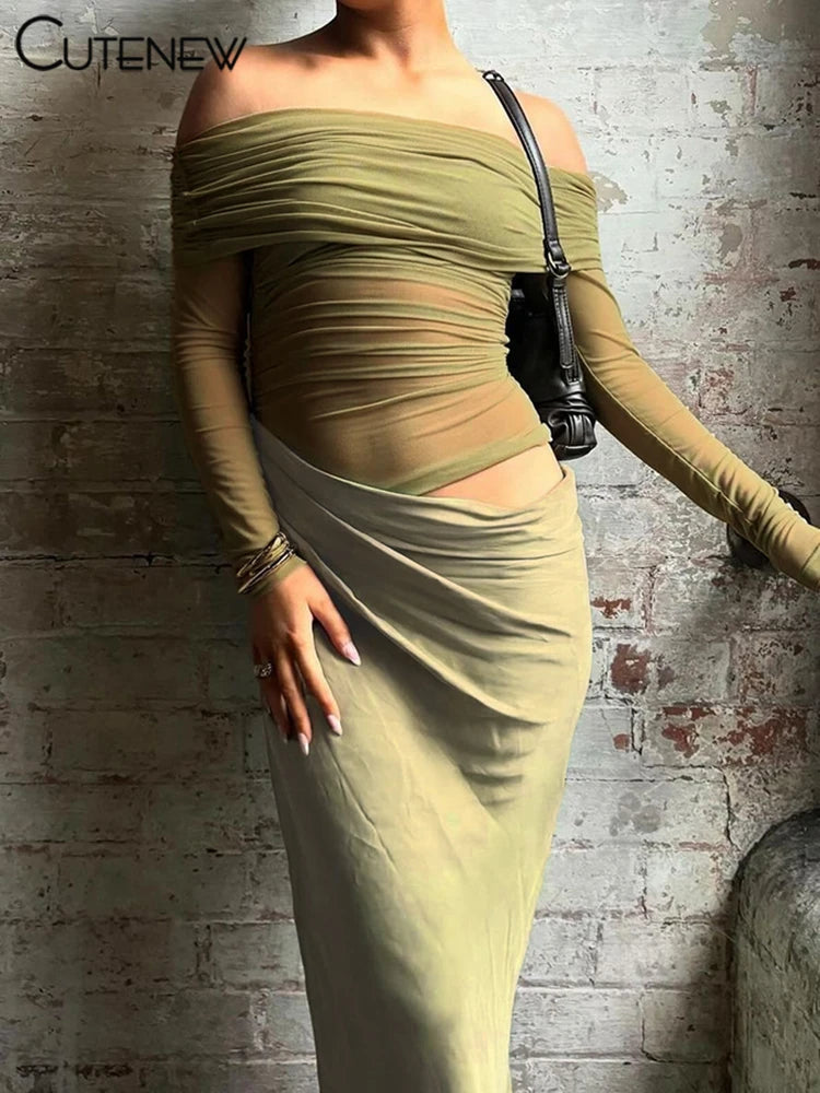 Cutenew Mesh Ruched Women Maxi Dress Sexy See Through Off Shoulder Long Sleeve Sheath Vestidos Female Midnight Party Solid Robe