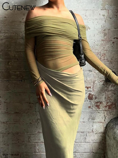 Cutenew Mesh Ruched Women Maxi Dress Sexy See Through Off Shoulder Long Sleeve Sheath Vestidos Female Midnight Party Solid Robe