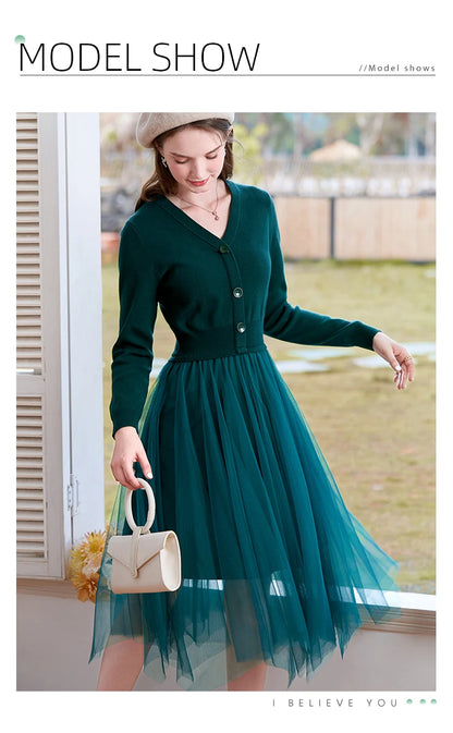 I BELIEVE YOU Dresses for Women 2025 Spring Retro V-neck Pullover Knitted Long Sleeve Patchwork Gauze Woman Clothes 2214133903