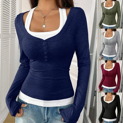 New Women's Blouses T-shirt Spring Fall Fashion Slim Halter Neck Fake Two-piece Stretch Long-sleeve Top Women Casual Clothing
