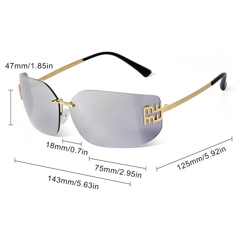Luxury Metal Rimless Sunglasses Women Brand Design Rivets Letter Rectangle Curved Shades Funky Classic Sun Glasses Female
