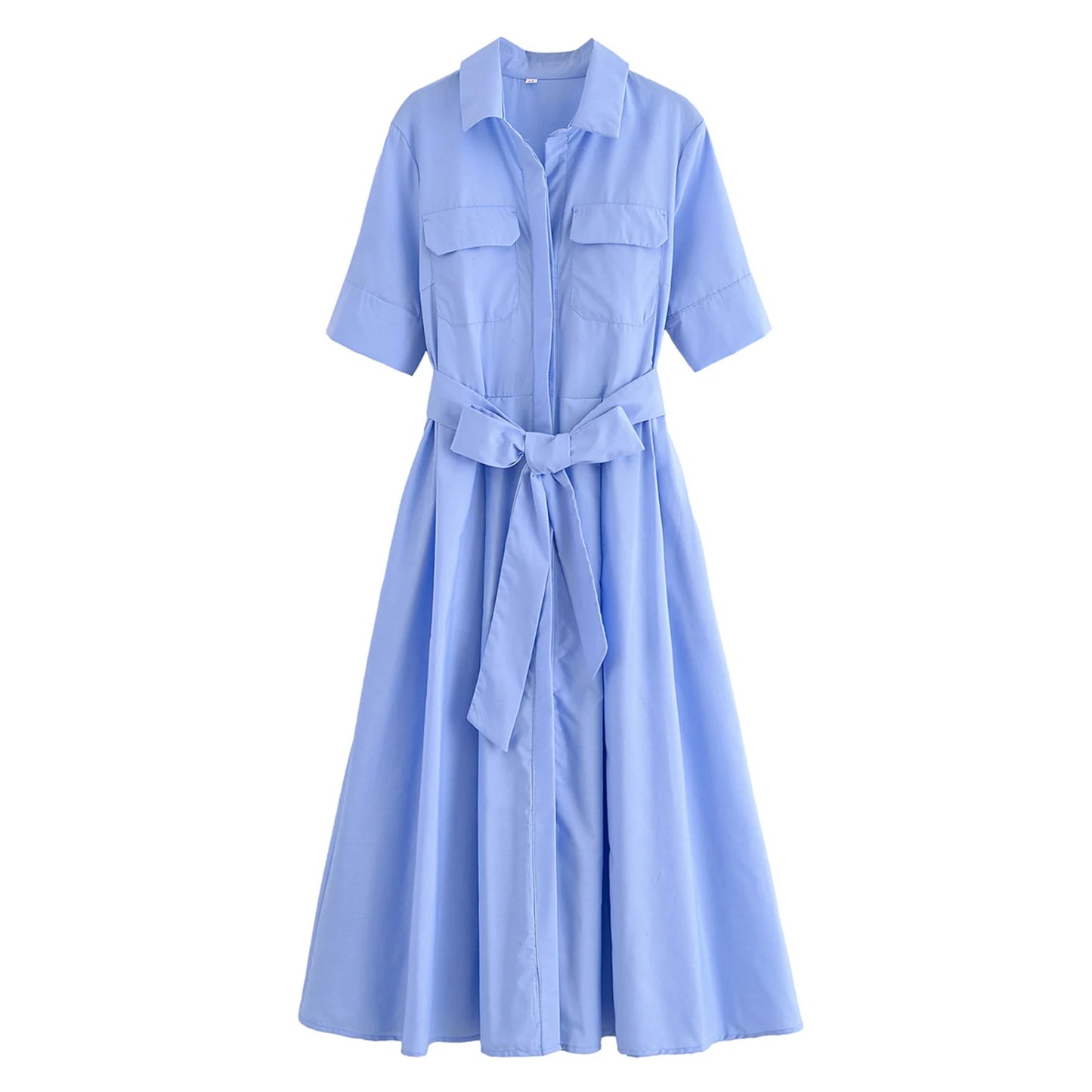 HH Woman Dresses Solid Turn-Down Collar Short Sleeve Pockets Bow Lace-Up Single-Breasted Female Fashion Long Dress 7 Color
