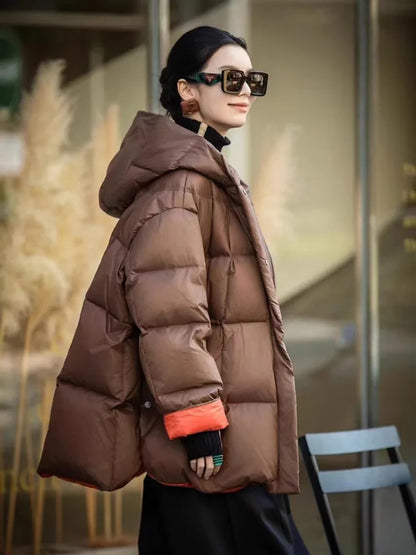 Winter Clothes for Women Fashion Color Collision Thickened Warm Puffer Jacket Casual Loose Hooded White Duck Down Jacket