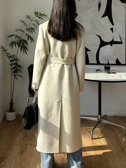 2025 New Women Elegant White Long Below The Knee Woolen Coat Winter Female High Sense Fashion Double-breasted Thicken Outwear
