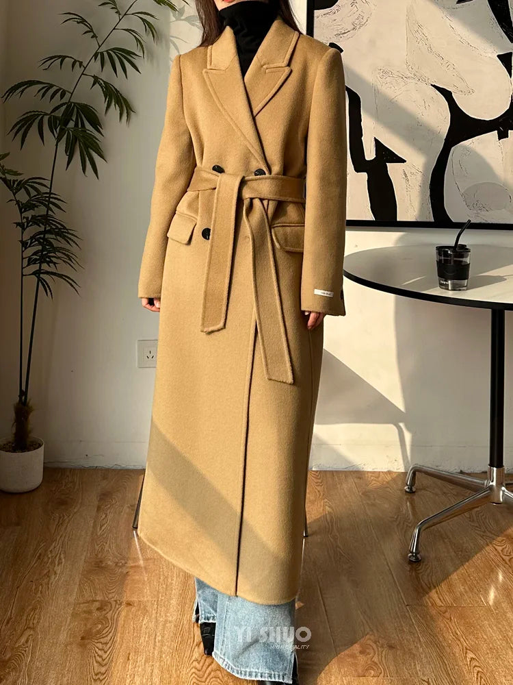 2025 New Women Elegant White Long Below The Knee Woolen Coat Winter Female High Sense Fashion Double-breasted Thicken Outwear