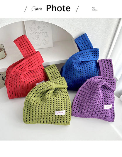 Handmade Knit Handbag Women Mini Knot Wrist-bag Female Casual Color Wide Stripe Plaid Tote Bag Student Reusable Shopping Bag