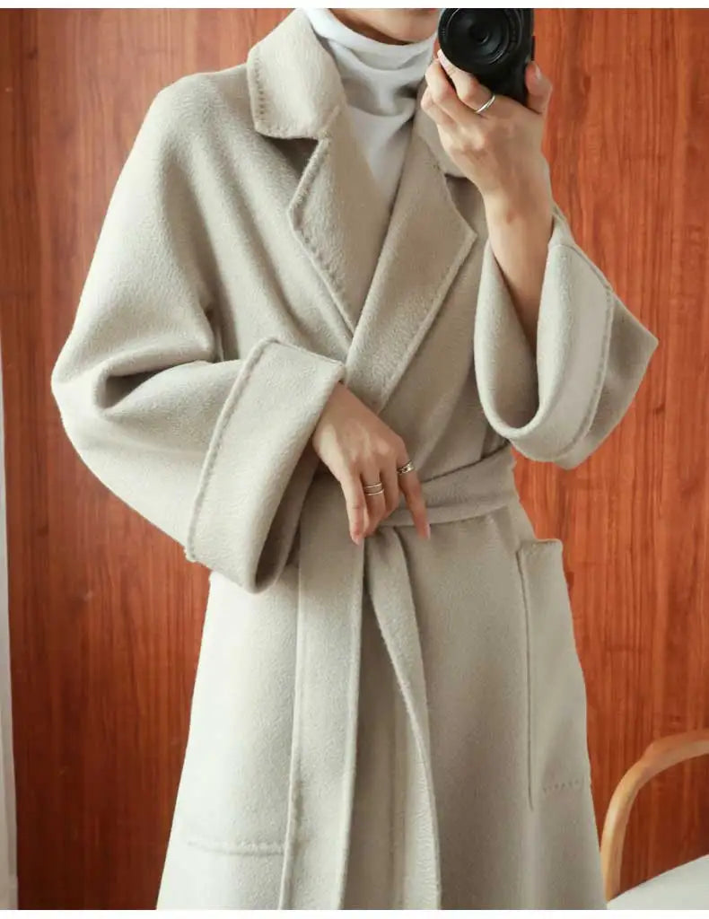 Women Double-Sided 20% Cashmere Wool Coat Jacket Women Long Beautiful Woolen Winter Autumn Warm Fashion Water Ripple Cloak