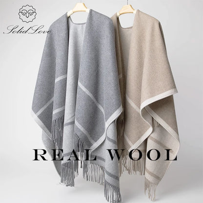 Fashion Clock Women Shawl Sweater 100% Wool Shawl Warm Female Mixed-use Cloak Autumn Winter Scarf French Tassel Cozy Wrap Clothi