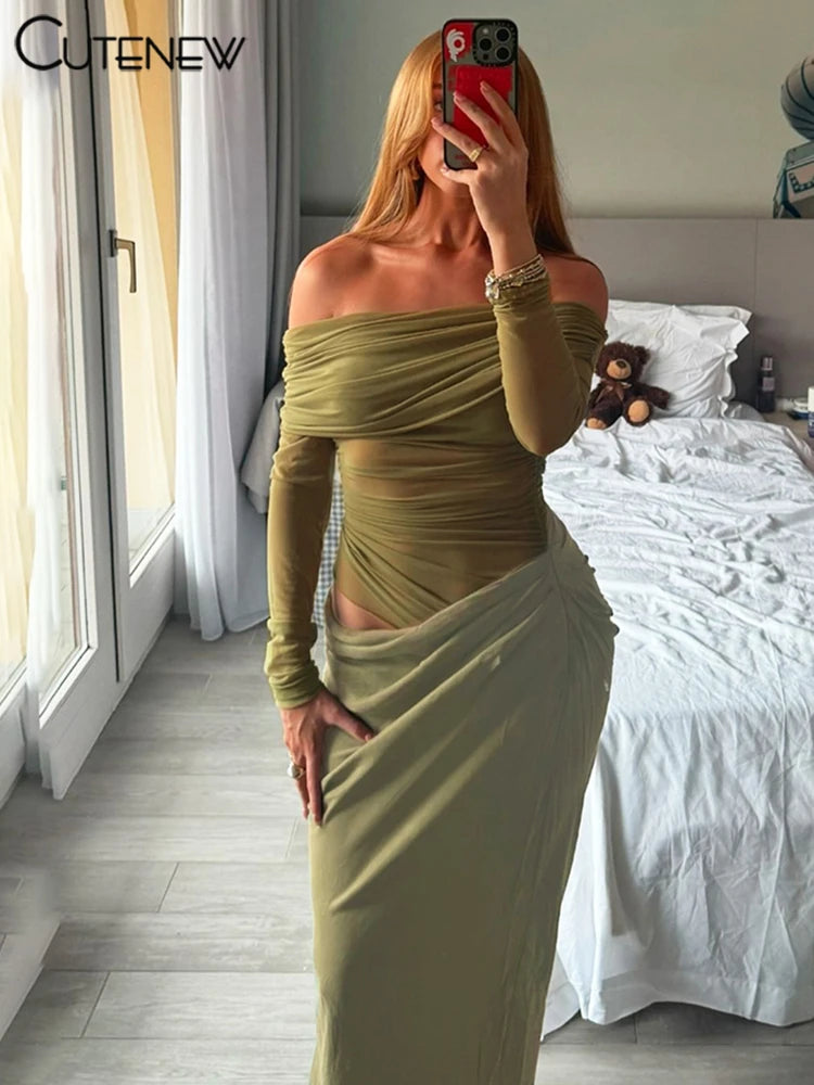Cutenew Mesh Ruched Women Maxi Dress Sexy See Through Off Shoulder Long Sleeve Sheath Vestidos Female Midnight Party Solid Robe