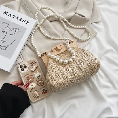 Fashion Weave Straw Shoulder Bag for Women New Summer Wooden Top Handle Clip Bag Luxury Designer Handbags Trend Female Handbag