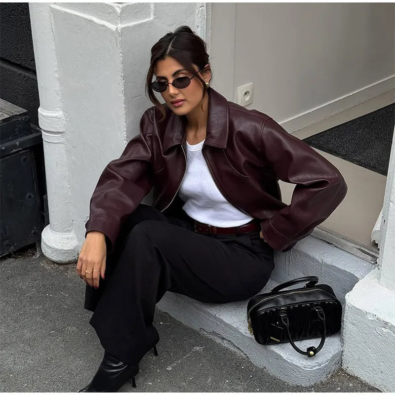 Ladies' burgundy PU leather short jacket fashionable autumn lapel jacket zipper high street loose leather jacket