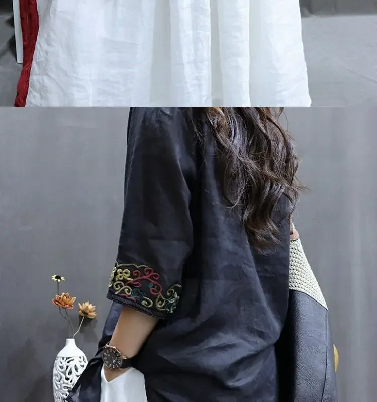 Cotton and Linen Women Clothing 2025 Summer New Print Retro Embroidery Loose Slim and Fashionable Shirt