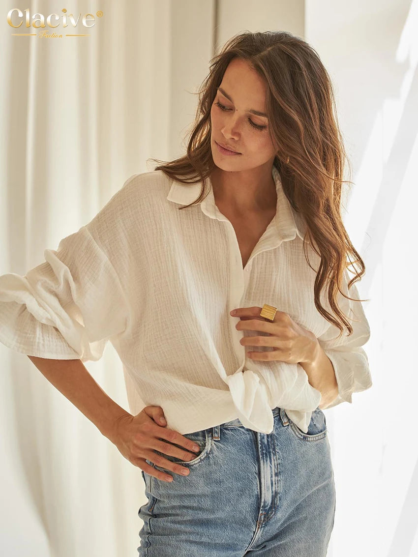 Clacive Fashion White Office Woman Blouses 2022 Autumn Lapel Long Sleeve 100%Cotton Shirts Lady Elegant Chic Top Female Clothes